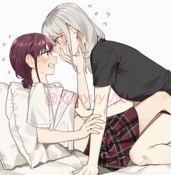 Rule 34 | 2girls, between legs, black shirt, blush, clenched teeth, clothes lift, commentary request, earclip, eye contact, flying sweatdrops, girls band cry, grabbing another&#039;s breast, grey eyes, grey hair, groping, hand under clothes, hand under shirt, iseri nina, kawaragi momoka, kneeling, looking at another, multiple girls, plaid clothes, plaid skirt, red hair, red skirt, shirt, shirt lift, short twintails, simple background, skirt, teeth, twintails, twitter username, white background, white shirt, xunyu (manyu), yuri