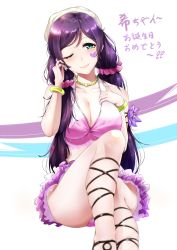 Rule 34 | 1girl, bikini, bikini skirt, blush, bracelet, breasts, cleavage, closed mouth, flower, green eyes, highres, jewelry, large breasts, long hair, looking at viewer, love live!, love live! school idol festival, love live! school idol project, necklace, one eye closed, panye, purple hair, smile, solo, swimsuit, tojo nozomi, twintails