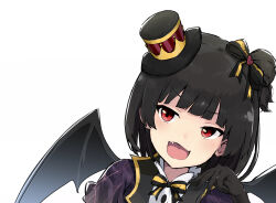 Rule 34 | 1girl, black gloves, black hair, blush, bow, brown eyes, demon wings, fake wings, fang, gloves, hair bow, hair ribbon, hand up, hat, highres, idolmaster, idolmaster million live!, idolmaster million live! theater days, jacket, looking at viewer, mini hat, nakatani iku, one side up, open mouth, portrait, purple jacket, rauto, ribbon, shirt, short hair, simple background, smile, solo, two-tone bowtie, two-tone ribbon, v-shaped eyebrows, white background, white shirt, wings