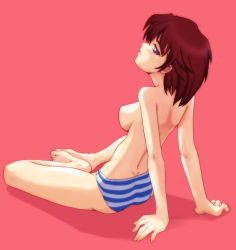 Rule 34 | 1girl, arm support, ass, blue eyes, blue panties, blush, breasts, brown hair, leaning, original, panties, panties only, short hair, sitting, solo, striped clothes, striped panties, topless, underwear, underwear only