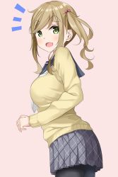 Rule 34 | 1girl, beige background, black pantyhose, blonde hair, blouse, blush, eyes visible through hair, fang, green eyes, hair bobbles, hair ornament, highres, inuyama aoi, keito4f, long hair, long sleeves, looking at viewer, looking back, notice lines, open mouth, pantyhose, plaid, plaid skirt, pleated skirt, school uniform, serafuku, shirt, side ponytail, simple background, skin fang, skirt, solo, standing, swept bangs, thick eyebrows, yellow shirt, yurucamp