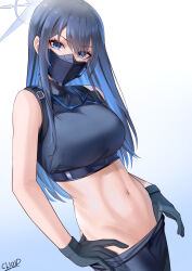 Rule 34 | 1girl, adjusting clothes, black gloves, black pants, blue archive, blue eyes, blue hair, breasts, cliov, clothes pull, crop top, gloves, gradient background, halo, highres, large breasts, long hair, looking at viewer, mask, mouth mask, navel, pants, pants pull, pulling own clothes, saori (blue archive), solo, stomach, v-shaped eyebrows, white background