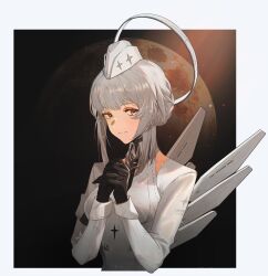 Rule 34 | 1girl, absurdres, black gloves, black necktie, border, braid, braided bun, breasts, brooch, chaomian buyao mian, chinese commentary, clothing cutout, collared dress, commentary, dress, garrison cap, gloves, grey border, grey eyes, hair bun, halo, halo behind head, hat, highres, interlocked fingers, jewelry, light rays, liv: empyrea (punishing: gray raven), liv (punishing: gray raven), looking at viewer, mechanical halo, medium breasts, moon, necktie, outside border, own hands together, praying, punishing: gray raven, short necktie, shoulder cutout, sidelocks, sleeve cuffs, smile, solo, sunbeam, sunlight, updo, upper body, white dress, white hair, white halo, white hat