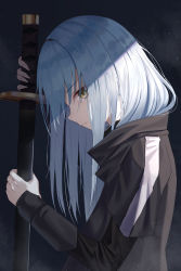 Rule 34 | 1other, absurdres, black jacket, blue hair, brown eyes, commentary request, dark background, from side, frown, highres, holding, holding sword, holding weapon, jacket, long hair, long sleeves, looking at viewer, michelan, rimuru tempest, solo, sword, tensei shitara slime datta ken, weapon, white hair