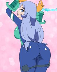 Rule 34 | 1girl, ass, blue eyes, blush, bodysuit, boku no hero academia, boots, breasts, from behind, gloves, hadou nejire, highres, large breasts, long hair, open mouth, purple hair, rjamal, shiny clothes, sideboob, skin tight, solo, very long hair