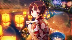 Rule 34 | 1girl, aerial fireworks, bandou mikuru, blonde hair, brick, bridge, brown hair, bucket, bucket of water, dot nose, film grain, fireworks, fisheye, from side, game cg, grass, grin, holding, holding fireworks, izumi tsubasu, japanese clothes, kimono, lantern, lens flare, looking at viewer, multicolored hair, night, non-web source, official art, print kimono, re:stage!, red eyes, river, sandals, short hair, smile, solo, sparkle, sparkler, squatting, stone walkway, streaked hair, summer festival, two-tone hair, water, zouri