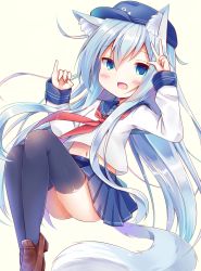 Rule 34 | 1girl, :d, anchor symbol, animal ears, arm up, black thighhighs, blue eyes, blue hat, blue sailor collar, blue skirt, blush, brown footwear, commentary request, esureki, fingernails, flat cap, grey background, hair between eyes, hand up, hat, hibiki (kancolle), highres, kantai collection, kemonomimi mode, loafers, long hair, long sleeves, looking at viewer, navel, neckerchief, open mouth, pleated skirt, red neckerchief, sailor collar, school uniform, serafuku, shirt, shoes, silver hair, simple background, skirt, sleeves past wrists, smile, solo, tail, thighhighs, thighs, very long hair, white shirt, wolf ears, wolf girl, wolf tail