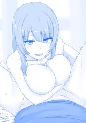 Rule 34 | 1boy, 1girl, :d, blue theme, blush, breast hold, breasts, cleavage, copyright request, cum, cum on body, cum on breasts, cum on upper body, highres, large breasts, looking at viewer, monochrome, nao (ritsancrossover), open mouth, paizuri, penis, pov, smile, solo focus, trembling, tsurime
