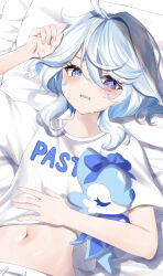 Rule 34 | 1girl, @ @, absurdres, alternate costume, bed sheet, blue eyes, blue hair, blush, collarbone, commentary, crop top, day, dot nose, flat chest, furina (genshin impact), genshin impact, hair between eyes, highres, indoors, long hair, looking at viewer, lying, midriff, multicolored hair, navel, on back, on bed, open mouth, pillow, rinmel9, shirt, short sleeves, stomach, surintendante chevalmarin, t-shirt, waking up, white hair