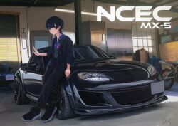 Rule 34 | 1girl, black car, black footwear, black hair, black pants, blue jacket, collared shirt, commentary, crossdressing, door, dora (dr3032), earrings, english commentary, eunos roadster, full body, garage, grey eyes, hand up, highres, indoors, jacket, jewelry, leaning on object, long sleeves, looking at viewer, mazda mx-5, mazda mx-5 nc, mixed-language commentary, motor vehicle, motorcycle, original, pants, print shirt, shirt, shoes, short hair, sneakers, solo, v, vehicle focus, window