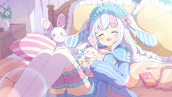 Rule 34 | 1girl, animal ears, ascot, bed, blunt bangs, blurry, blush, bow, bridal garter, chain, closed eyes, commission, depth of field, frilled pillow, frills, game console, hairband, handheld game console, highres, holding, holding stuffed toy, jacket, long hair, multicolored hair, open clothes, open jacket, open mouth, original, pillow, pink hair, rabbit ears, rabbit girl, shorts, sidelocks, sitting, skeb commission, smile, solo, stuffed animal, stuffed rabbit, stuffed toy, thighhighs, two-tone hair, tyomimas, variant set, white hair