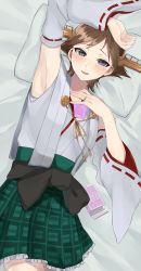 Rule 34 | 1girl, absurdres, bare shoulders, bed sheet, blush, brown hair, cowboy shot, detached sleeves, green skirt, grey eyes, headgear, hiei (kancolle), hiei kai ni (kancolle), highres, japanese clothes, jewelry, kantai collection, nontraditional miko, open mouth, plaid, plaid skirt, pleated skirt, ribbon-trimmed sleeves, ribbon trim, ring, short hair, skirt, solo, toriniku senshi chikinman, wedding band, wide sleeves