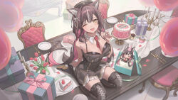 Rule 34 | 1girl, ;d, animal ears, balloon, bare arms, bare shoulders, birthday, black footwear, blush, boots, breasts, cake, cat ears, cat girl, commentary request, detached collar, food, fork, full body, happy birthday, high heel boots, high heels, highres, hy (hem oo), kneeling, knife, large breasts, long hair, looking at viewer, looking up, multicolored hair, necktie, one eye closed, open mouth, original, pink hair, red necktie, smile, solo, table, thigh boots, two-tone hair, yellow eyes