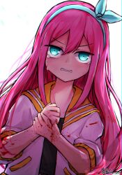 Rule 34 | 1girl, absurdres, aubrey (faraway) (omori), aubrey (omori), blood, blood on hands, blue eyes, clenched teeth, crop top, crying, crying with eyes open, dated, hairband, highres, jacket, long hair, looking at viewer, omori, parted lips, pink hair, sakakien, solo, spoilers, tears, teeth, upper body, white jacket