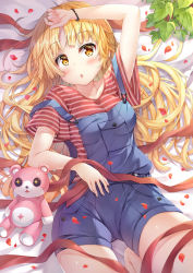 Rule 34 | 1girl, :o, arm up, bang dream!, bed sheet, blonde hair, blush, bracelet, character doll, hand on forehead, jewelry, long hair, lying, michelle (bang dream!), on back, overall shorts, overalls, petals, plant, red ribbon, red shirt, ribbon, shirt, short sleeves, solo, striped clothes, striped shirt, stuffed animal, stuffed toy, teddy bear, tomo wakui, tsurumaki kokoro, yellow eyes