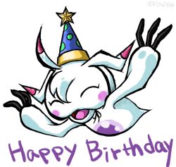 Rule 34 | claws, closed eyes, digimon, digimon (creature), happy, happy birthday, hat, highres, open mouth, solo, ukkomon