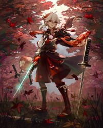 Rule 34 | 1boy, antenna hair, armor, artist name, autumn, autumn leaves, belt, black gloves, commentary, crossed bangs, english commentary, fingerless gloves, flower knot, forest, full body, genshin impact, gloves, grass, hakama, hakama shorts, highres, holding, holding sword, holding weapon, japanese armor, japanese clothes, kaedehara kazuha, katana, leaf, leg armor, looking at viewer, low ponytail, male focus, maple leaf, multicolored hair, nature, outdoors, pants, pauldrons, planted, planted sword, planted weapon, pom pom (clothes), red eyes, red hair, red legwear, red pants, red scarf, sandals, scarf, serious, short hair, shorts, shoulder armor, shoulder belt, signature, single pauldron, sode, solo, standing, streaked hair, sword, tabi, tassel, tree, uglykao, weapon, white hair