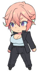 Rule 34 | 1girl, breasts, chibi, cleavage, covered erect nipples, eroe, eyebrows, female focus, gakuran, large breasts, open clothes, original, pink hair, purple eyes, school uniform, serious, shirt, short hair, simple background, solo, unbuttoned, uniform, white background, white shirt