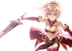 Rule 34 | 1girl, bandeau, bare shoulders, blonde hair, braid, breasts, clarent (fate), cleavage, commentary request, detached sleeves, fate/apocrypha, fate (series), french braid, green eyes, holding, holding sword, holding weapon, kame (pixiv), loincloth, looking at viewer, mordred (fate), mordred (fate/apocrypha), navel, ponytail, scrunchie, simple background, sleeves past wrists, small breasts, smile, solo, stomach, strapless, sword, weapon, white background