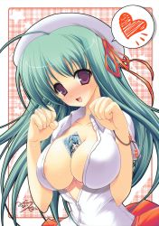 Rule 34 | 1girl, absurdres, areola slip, between breasts, blush, bra, bra pull, bracelet, breasts, card, card between breasts, cleavage, clothes pull, green hair, hat, heart, highres, jewelry, large breasts, lingerie, misakura nankotsu, no bra, open mouth, purple eyes, smile, solo, unbuttoned, underwear