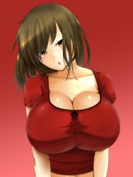 Rule 34 | 1girl, :o, breasts, brown eyes, brown hair, bursting breasts, cleavage, female focus, head tilt, highres, huge breasts, impossible clothes, impossible shirt, long hair, open mouth, orange eyes, original, red background, shirt, shumichi, simple background, solo, tight clothes, tight shirt, upper body
