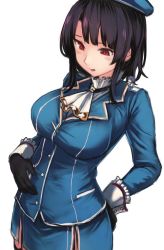 Rule 34 | 2girls, ascot, beret, black gloves, black hair, blue hat, blue jacket, blue skirt, blush, breasts, fairy (kancolle), garter straps, giant, giantess, gloves, hand on own ass, hand on own stomach, hat, jacket, kantai collection, large breasts, long sleeves, looking at viewer, mini person, minigirl, multiple girls, open mouth, pencil skirt, short hair, simple background, size difference, skirt, solo focus, standing, takao (kancolle), uniform, upper body, utopia, white background