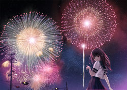 Rule 34 | 1girl, bad id, bad pixiv id, black hair, brown eyes, chikuwa (glossymmmk), chikuwa (odennabe), fireworks, hand up, highres, long hair, long skirt, looking at viewer, night, night sky, open mouth, original, outdoors, pleated skirt, pointing, school uniform, serafuku, skirt, sky, smile, solo, star (sky), starry sky, summer