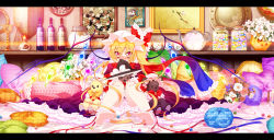 Rule 34 | 1girl, ankle cuffs, bare legs, barefoot, bed, blonde hair, bloomers, blush, bobby socks, bottle, bow, bowtie, brooch, candle, character doll, cup, dress, embodiment of scarlet devil, feet, female focus, flandre scarlet, flower, goriyaku, hands on own knees, hat, hat bow, jar, jewelry, kirisame marisa, letterboxed, long hair, marble (toy), perfect cherry blossom, picture frame, pillow, red eyes, remilia scarlet, ribbon, scarf, shield, side ponytail, sitting, socks, solo, stuffed animal, stuffed toy, teacup, teapot, teddy bear, touhou, underwear, very long hair, weighing scale, wings, witch, witch hat, wrist cuffs