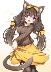 Rule 34 | 1girl, :d, alternate costume, animal ear fluff, animal ears, arashio (azur lane), azur lane, black pantyhose, blush, bow, breasts, brown hair, brown sweater, cat ears, cat tail, clothes lift, hair bow, hestia (neko itachi), lifted by self, long hair, low-tied long hair, medium breasts, open mouth, pantyhose, purple eyes, ribbed sweater, simple background, skirt, skirt lift, smile, solo, sweater, tail, twintails, very long hair