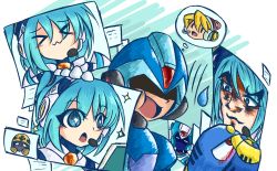 Rule 34 | 1boy, 1girl, a-van, alia (mega man), android, blue hair, blush, headphones, headset, helmet, holographic interface, mega man (series), x (mega man), mega man x (series), mega man x dive, met (mega man), microphone, multiple views, obscured face, open mouth, rico (mega man), side ponytail, smile, thought bubble