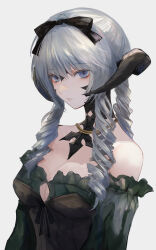 Rule 34 | 1girl, au ra, black horns, black ribbon, black scales, blue eyes, breasts, cleavage, cleavage cutout, closed mouth, clothing cutout, detached sleeves, dragon girl, dragon horns, drill hair, drill ponytail, drill sidelocks, final fantasy, final fantasy xiv, grey hair, hair ribbon, highres, horns, jewelry, long hair, looking at viewer, maho moco, necklace, ribbon, scales, sidelocks, simple background, sleeveless, solo, warrior of light (ff14), white background