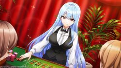 Rule 34 | 1girl, blue hair, bow, bowtie, breasts, buttons, casino, dolphin wave, highres, large breasts, long hair, nayuki hiori, official art, ootomo takuji, plant, poker chip, potted plant, red curtains, red eyes, roulette table, shirt, sparkle, table, very long hair, vest, white shirt