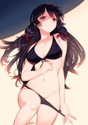 Rule 34 | 1girl, absurdres, arm at side, bad id, bad twitter id, bikini, bikini pull, black hair, blew andwhite, breasts, cleavage, clothes pull, front-tie bikini top, front-tie top, hair ribbon, highres, isokaze (kancolle), kantai collection, large breasts, long hair, looking at viewer, lying, navel, on back, pulled by self, red eyes, ribbon, smile, solo, swimsuit