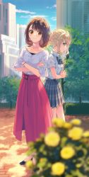 Rule 34 | 2girls, back-to-back, black footwear, blonde hair, blurry, blurry foreground, blush, bow, bowtie, breasts, brick, brick road, brown eyes, brown hair, building, character request, cityscape, closed mouth, collarbone, collared shirt, cover, cover page, crossed arms, dress shirt, earrings, fist in hand, flower, green eyes, highres, jewelry, kouzuki noa, long hair, long skirt, looking at viewer, miniskirt, multiple girls, nape, papakatsu jk no yowami wo nigitta node inu no sanpo wo onegai shitemita., park, pink skirt, plaid, plaid bow, plaid bowtie, plaid skirt, pleated skirt, profile, reia, school uniform, shade, shirt, shirt tucked in, short sleeves, side ponytail, side slit, sidelocks, skirt, sky, skyscraper, smile, standing, tree, white shirt