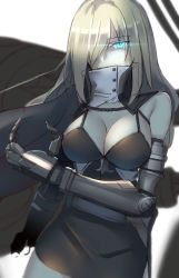 Rule 34 | 1girl, abyssal ship, bad id, bad pixiv id, black dress, blue eyes, breasts, cape, covered mouth, damaged, dress, european water princess, gauntlets, gloves, hair between eyes, hair over one eye, kantai collection, large breasts, long hair, machinery, mechanical arms, pallad, simple background, single mechanical arm, solo, torn clothes, turret, white background, white hair