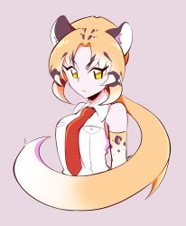 Rule 34 | 1girl, :&lt;, animal ears, artsy-rc, bare shoulders, breast pocket, closed mouth, clouded leopard (kemono friends), collared shirt, commentary, cropped torso, elbow gloves, english commentary, eyelashes, gloves, grey background, highres, kemono friends, long hair, looking at viewer, necktie, parted bangs, pink background, pocket, ponytail, red necktie, shirt, signature, simple background, sleeveless, sleeveless shirt, slit pupils, solo, upper body, v-shaped eyebrows, very long hair, white shirt, wing collar, yellow eyes