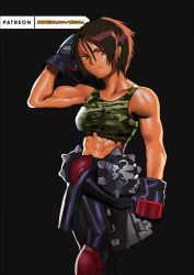 Rule 34 | 1girl, arm up, black background, brown hair, camouflage tank top, cessa, commentary, cowboy shot, english commentary, gloves, justice gakuen, kazama akira, looking at viewer, short hair, simple background, solo, street fighter, street fighter v, tank top, watermark, web address