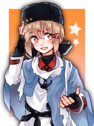 Rule 34 | absurdres, amot 211, anchor necklace, black headwear, blouse, blue shawl, fingerless gloves, fur hat, gloves, gradient background, hair between eyes, hair ornament, hairpin, hat, highres, jewelry, kantai collection, looking to the side, necklace, open mouth, orange background, papakha, red shirt, scarf, shawl, shirt, simple background, slavic clothes, star (symbol), tashkent (kancolle), torn clothes, torn scarf, twintails, white background