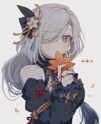 Rule 34 | 1girl, bare shoulders, black dress, detached sleeves, dress, flower, genshin impact, grey background, grey hair, hair ornament, hair over one eye, highres, inagoinaire, long hair, long sleeves, looking at viewer, official alternate costume, official alternate hairstyle, shenhe (frostflower dew) (genshin impact), shenhe (genshin impact), simple background, sleeveless, sleeveless dress, solo, upper body