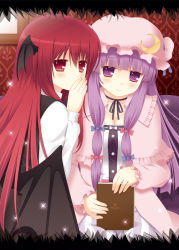 Rule 34 | 2girls, bad id, bad pixiv id, blush, book, bow, commentary request, covering face, covering own mouth, covering privates, cpu (hexivision), crescent, embodiment of scarlet devil, female focus, hair bow, hat, head wings, koakuma, long hair, multiple girls, patchouli knowledge, purple eyes, purple hair, red hair, sidelocks, sitting, sparkle, touhou, whispering, wings