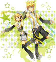 Rule 34 | 1boy, 1girl, bare shoulders, blonde hair, blue eyes, brother and sister, capri pants, detached sleeves, fingerless gloves, full body, gloves, hair ribbon, headphones, kagamine len, kagamine rin, long sleeves, navel, open mouth, pants, popped collar, rhymebox, ribbon, short hair, shorts, siblings, sleeveless, sleeves past wrists, smile, standing, standing on one leg, star (symbol), twins, vocaloid