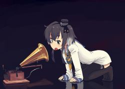 Rule 34 | 1girl, all fours, alternate legwear, anchor, bad anatomy, bad id, bad twitter id, black hair, blush, brown eyes, commentary request, dress, eyebrows, fine art parody, his master&#039;s voice, kantai collection, kozou (rifa), megaphone, multicolored hair, nipper, parody, phonograph, poorly drawn, sailor dress, short hair with long locks, sleeves past wrists, solo, thick eyebrows, thighhighs, tokitsukaze (kancolle), two-tone hair