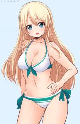 Rule 34 | 10s, 1girl, atago (kancolle), bikini, blonde hair, blue background, blue eyes, blush, breasts, cleavage, dated, hand on own hip, highres, hoshimiya aki, kantai collection, large breasts, long hair, looking at viewer, simple background, sketch, smile, solo, swimsuit, twitter username