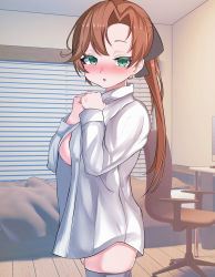 Rule 34 | 1girl, absurdres, akigumo (kancolle), alternate breast size, asymmetrical bangs, bed, black ribbon, breasts, brown hair, chair, collared shirt, green eyes, grey thighhighs, hair ribbon, highres, indoors, kantai collection, large breasts, long hair, long sleeves, mole, mole under eye, naked shirt, office chair, parted bangs, ponytail, ribbon, shirt, solo, standing, swivel chair, table, tf cafe, thighhighs, white shirt
