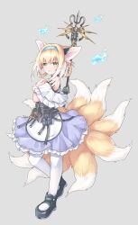 Rule 34 | 1girl, animal ears, arknights, artist name, bare shoulders, black footwear, blonde hair, blue fire, blue hairband, commentary, duku (hus7788950), fire, frilled skirt, frills, full body, green eyes, grey background, hair rings, hairband, hand up, highres, holding, holding scepter, looking at viewer, material growth, multicolored hair, multiple tails, off shoulder, oripathy lesion (arknights), pantyhose, parted lips, pouch, purple skirt, scepter, shoes, short hair, signature, simple background, skirt, solo, standing, strap, suzuran (arknights), tail, two-tone hair, white hair, white pantyhose, white tail, yellow tail