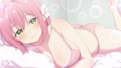 Rule 34 | 1girl, artist logo, ass, barefoot, bed sheet, blush, bra, breasts, chromatic aberration, cleavage, closed mouth, collarbone, commentary, dimples of venus, feet, flower, foot up, green eyes, hair between eyes, hair flower, hair intakes, hair ornament, hanazono hakari, keihh, kimi no koto ga dai dai dai dai daisuki na 100-nin no kanojo, lace, lace-trimmed bra, lace trim, large breasts, legs, light particles, looking at viewer, lying, medium hair, on stomach, panties, pink bra, pink hair, pink lips, pink panties, raised eyebrows, smile, solo, thighs, underwear, white flower