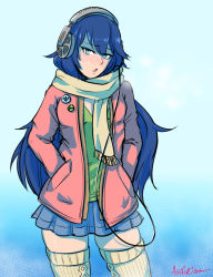 Rule 34 | 1girl, akairiot, artist name, badge, blue background, blue eyes, blue hair, blush, casual, fire emblem, fire emblem awakening, gradient background, hands in pockets, headphones, jacket, looking at viewer, lucina (fire emblem), matching hair/eyes, nintendo, open mouth, scarf, signature, skirt, solo, thighhighs, upper body