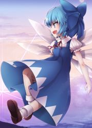 Rule 34 | &gt;:d, 1girl, :d, bad id, bad pixiv id, bare arms, blue dress, blue eyes, blue hair, blue ribbon, brown footwear, cirno, cloud, cloudy sky, collared shirt, commentary request, dress, fairy wings, fang, flying, full body, gradient sky, hair ribbon, highres, mary janes, mountain, neck ribbon, open mouth, puffy short sleeves, puffy sleeves, revision, ribbon, shirt, shoes, short hair, short sleeves, sky, smile, socks, solo, sunlight, tanyatonya, touhou, v-shaped eyebrows, white shirt, white socks, wings