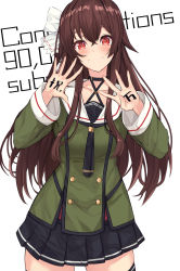 Rule 34 | 1girl, black necktie, black skirt, black thighhighs, brown hair, buttons, closed mouth, cowboy shot, double-breasted, green shirt, hands up, highres, long hair, long sleeves, looking at viewer, milestone celebration, necktie, original, pleated skirt, red eyes, sailor collar, school uniform, serafuku, shirt, skirt, smile, solo, thighhighs, untue, virtual youtuber, white background, white sailor collar