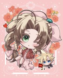 Rule 34 | 1boy, 1girl, aerith gainsborough, ahoge, arestear0701, artist name, baggy pants, blonde hair, blue eyes, blush, boots, braid, braided ponytail, brown footwear, brown hair, chibi, choker, cloud strife, colored eyelashes, cropped jacket, dress, final fantasy, final fantasy vii, final fantasy vii rebirth, final fantasy vii remake, floating, flower, flower choker, full body, green eyes, hair between eyes, hair bobbles, hair ornament, hair ribbon, hand on own face, heart, highres, holding, holding flower, jacket, long dress, long hair, materia, one eye closed, pants, parted bangs, pink background, pink dress, pink ribbon, puffy short sleeves, puffy sleeves, red flower, red jacket, red rose, ribbon, rose, short hair, short sleeves, sidelocks, single braid, sparkle, spiked hair